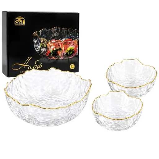 Набір салатників S&T 7 шт. ламаний край прозорий золотий кант (9292-1) - фото 1