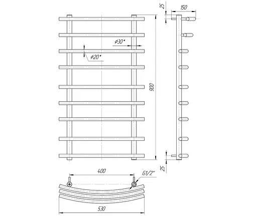 Водяна рушникосушка Mario Маріо 900x530/400, Хром - фото 2