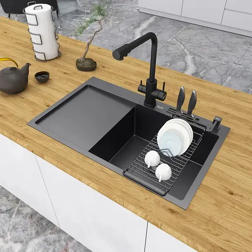 Чорна мийка на кухню Nett NB-7848(L) з лівим крилом 1.5 мм нержавійка - фото 8