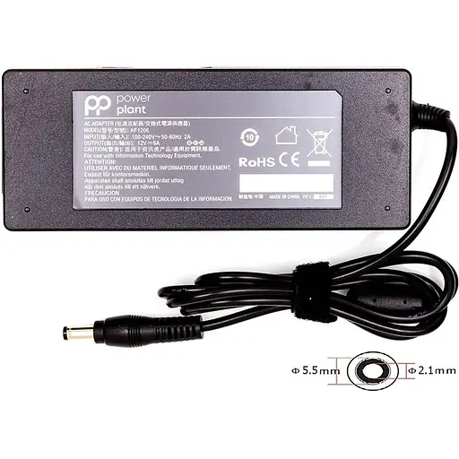 Універсальний блок живлення PowerPlant 220V, 12V 72W 6A (5.5*2.1)