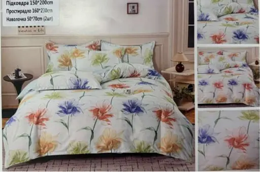 Постельное комбинированное белье Страйп сатин двуспальный комплект, цветочный принт - фото 2