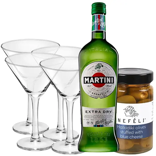 Набір: вермут Martini Extra Dry 18% 0,.5 л + оливки Nefeli Halkidiki зелені фаршировані блакитним сиром у розсолі 300 г + набір келихів S&T для мартіні 260 мл 4 шт.