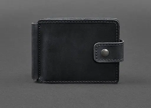 Кожаный портмоне 13.1 зажим с хлястиком Черный Crazy Horse - фото 1