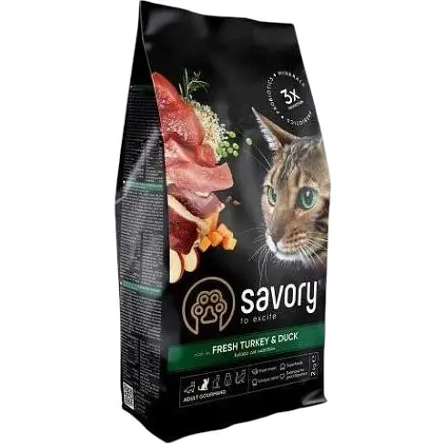 Сухой корм Savory для кошек гурманов со свежей индейкой и уткой 2 кг - фото 1