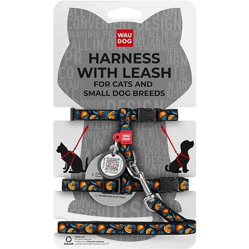 Шлея з повідцем для котів та дрібних порід собакWaudog Nylon з QR паспортом Апельсини XS, Ш 10 - фото 1