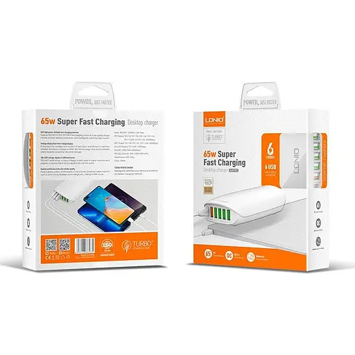 Зарядное устройство адаптер 6 портов Ldnio A6573C 5 USB + 1 Type-C 65 ВТ - фото 3