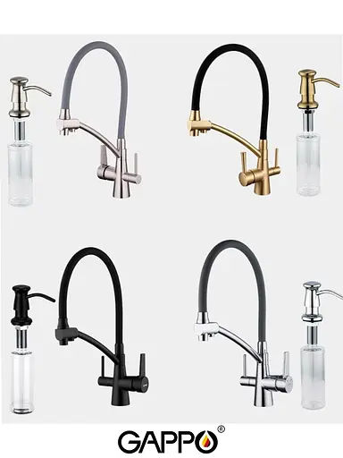 Смеситель для кухни высокий силиконовый гусак под фильтр латунный корпус гайка Ø35 черный/сталь Gappo G4398-19 Черный матовый - фото 8