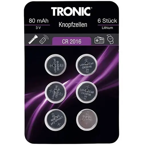 Батарейка таблетка 6 шт CR 2016 TRONIC металик EL-550166