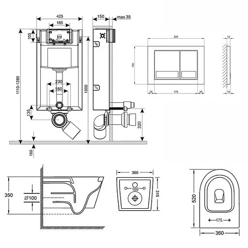 Набор: Qtap инсталляция 3 в 1 Nest QT0133M425 с панелью смыва квадратной QT0111M06028CRM + унитаз с сиденьем Jay QT07335176W - фото 2