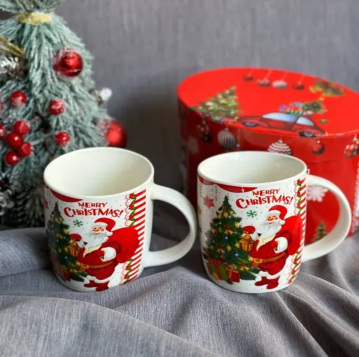 Набор чашек новогодних Tanto керамика в подарочной упаковке 350 мл Белая с красным 2 шт - фото 2