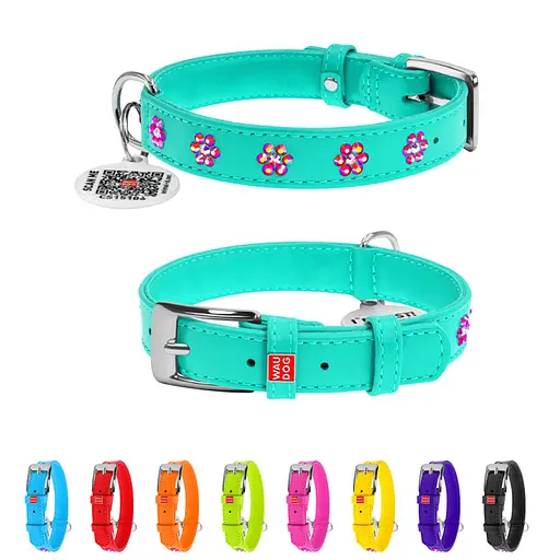 Нашийник для собак шкіряний Waudog Glamour з QR-паспортом з клейовими стразами "Квіти" Ш 15 мм Д 27-36 см ментоловий - фото 2