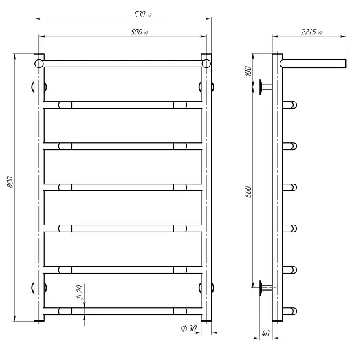 Полотенцесушитель водяной Трапеция с полкой П7 500х800 Deffi нержавеющая сталь (хром, нижнее подключение) - фото 3