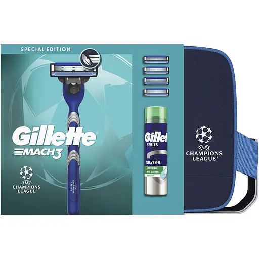 Подарунковий набір Gillette UEFA Champions League Special Edition: станок для гоління чоловічий Gillette Mach3 з 4 змінними картриджами + гель для гоління Gillette Series Sensitive для чутливої шкіри 200 мл + косметичка
