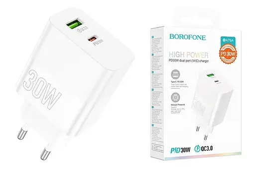 Адаптер зарядный Borofone BA75A Powerfull блок питания 30 ватт 2 порта белый - фото 4