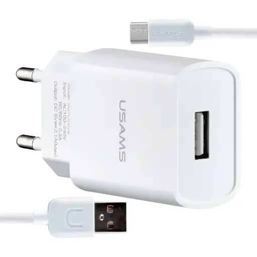 Мережевий зарядний пристрій Usams T21 Charger kit- T18 single USB EU charger + Micro cable Білий - фото 1
