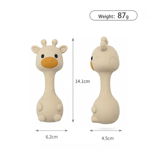 Набор детской силиконовой посуды Cheeks для прикорма на присосках из пищевого силикона бежевый с грызунком прорезывателем-погремушкой Жираф - фото 6