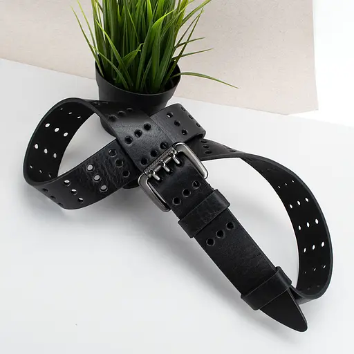 Ремінь чоловічий шкіряний широкий JK-4027 чорний з трьома язичками (125 см) - фото 2