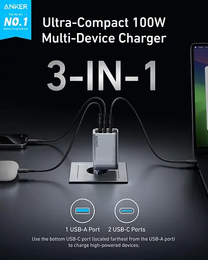 Сетевое зарядное устройство Anker GaNPrime Charger - 100W 2xUSB-C PD & 1xUSB-A Foldable Silver (7089458) - фото 2