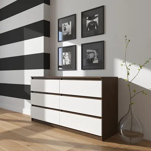 Комод Vays R-7 Венге Темний-Білий фасад, 6 шухляд без ручок, ЛДСП, 140×40×75 см- для дому, офісу, вітальні, спальні