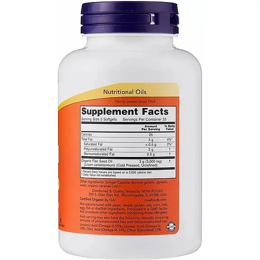 Жирные кислоты Now Flax Oil 1000 мг, 100 капсул - фото 2