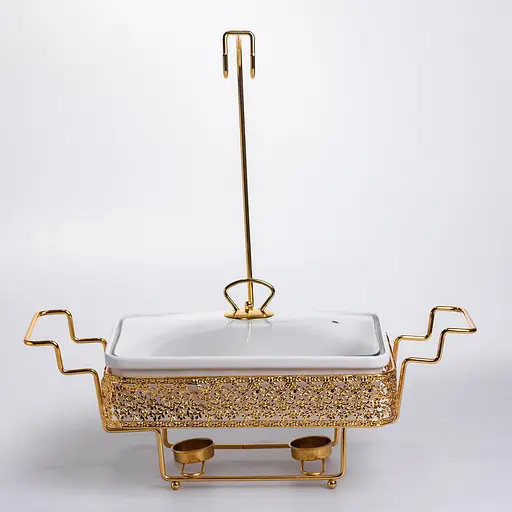 Мармитница настольная фарфоровая 3.5 литра мармит прямоугольный на подставке Белый с золотом Yiwu YL-77 - фото 3