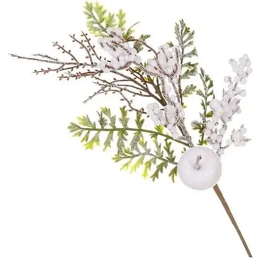Декоративная ветка хвои 40 см Искусственные материалы для декора и флористики с ягодами Зеленый с белым - фото 1