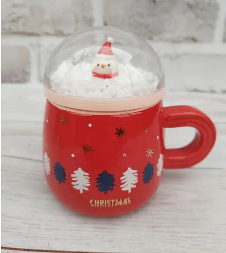 Чашка новогодняя Olens 8030-299-2 Снежный праздник с крышкой керамика 360 мл Красная - фото 3