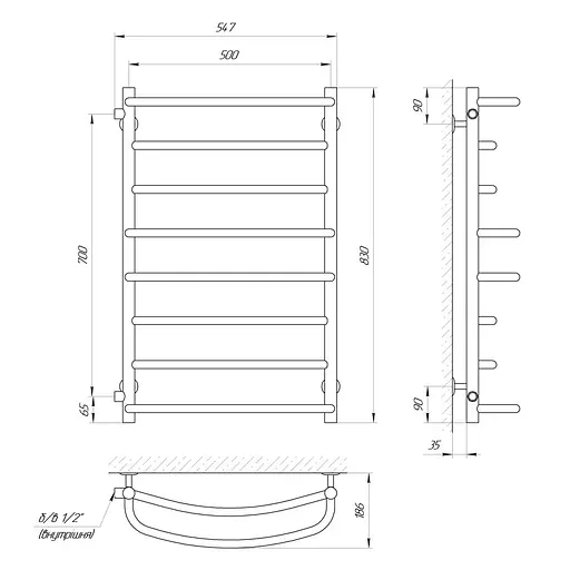 Водяна рушникосушка Laris Євромікс П8 500x800 бокове підключення 71207368, Хром - фото 3