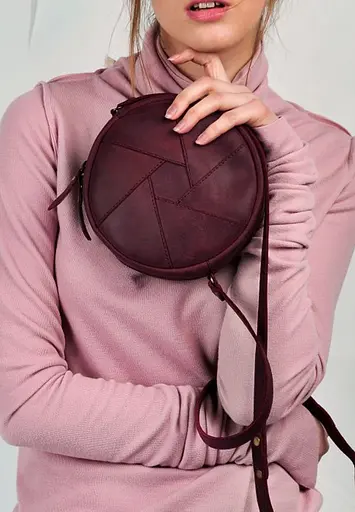 Кожаная круглая женская сумка Бон-Бон бордовая Crazy Horse - фото 2