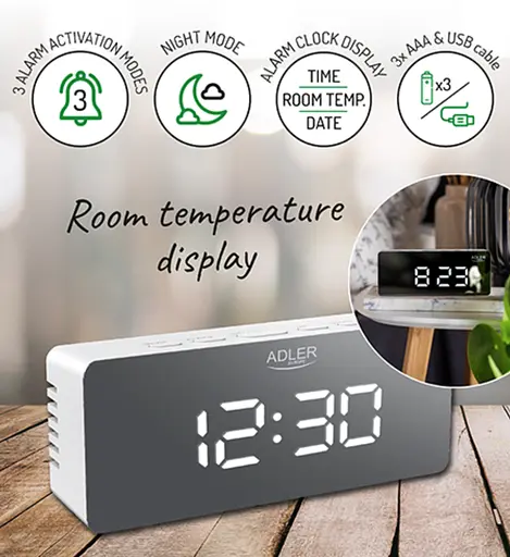 Будильник со светодиодным зеркальным дисплеем на USB Adler AD 1189 - фото 9