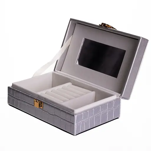 Шкатулка для украшений из экокожи 3 отделения с зеркалом 16×10×6 см органайзер для украшений Серый Yiwu HP-5-18G - фото 4