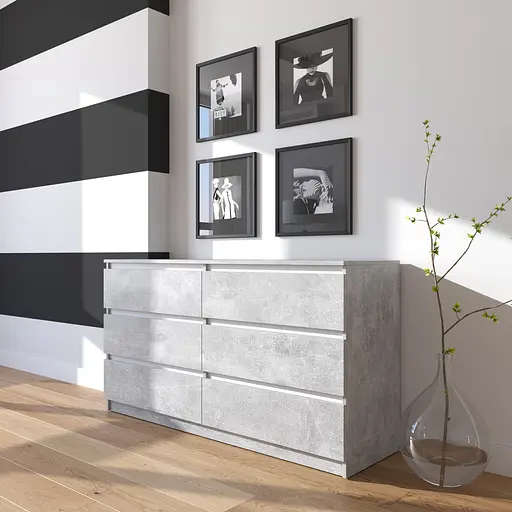 Комод Vays R-7 Бетон-Белые планки, 6 ящиков без ручек, ЛДСП, 140×40×75 см - для дома, офиса, гостиной, спальни