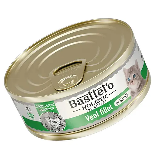 Влажный корм для котят Basttet`o Holistic кусочки филе телятины в соусе 85 г ж/б