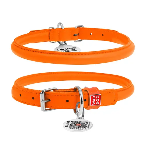 Ошейник для собак кожаный Waudog Glamour с QR-паспортом круглый Д 13 мм Д 45-53 см оранжевый