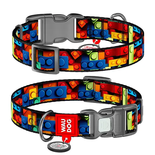 Ошейник для собак нейлоновый Waudog Nylon с QR-паспортом "Блоки" пластиковый фастекс XL Ш 25 мм Д 37-58 см