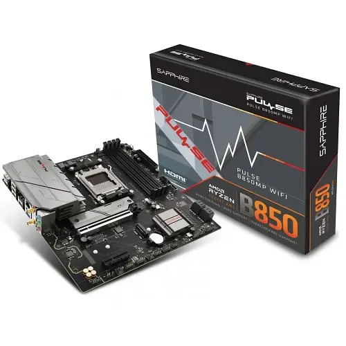 Материнская плата AM5 Sapphire PULSE B850M WIFI, B850, 4xDDR5, Int.Video (CPU), 4xSATA3, 2xM.2, 1xPCI-E 4.0 x16, 1xPCI-E 4.0 x4, ALC897, RTL8125BG, WiFi 6, Bluetooth 5.3, 4xUSB 3.2 / 10xUSB 2.0, HDMI/DP, MicroATX (52123-04-40G)