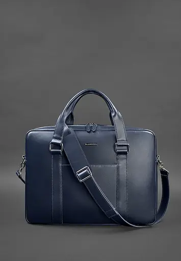 Шкіряна сумка для ноутбука і документів темно-синя - фото 4