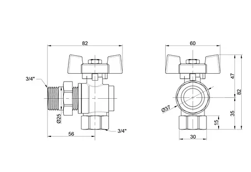 Кран кульовий Thermo Alliance "Американка" Standart 3/4" ВЗ кутовий, латунь, PN40, метелик SD222NW20PN40 - фото 3