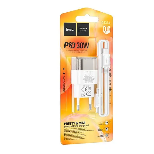 Адаптер сетевой HOCO Type-C to Type-C cable Platinum dual-port C131A | 1USB/1Type-C, 30W/3A, PD/QC| - фото 2