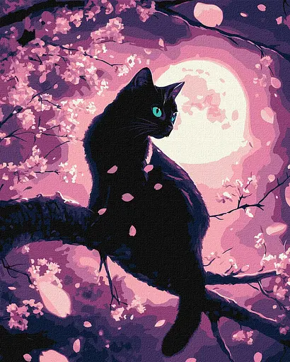 Набір для розпису по номерах Чарівний кіт серед сакури з фарбами металік, Ideyka, 40x50 см, КНО6757