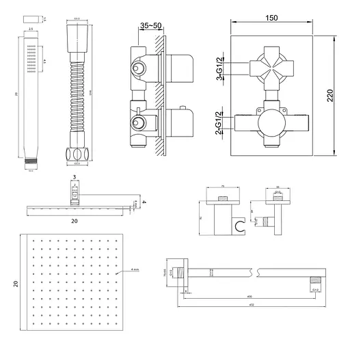 Душова система Kohlman Excelent 20 chrome з термостатом + BOX прихованого монтажу QW432HQ20, Хром - фото 2