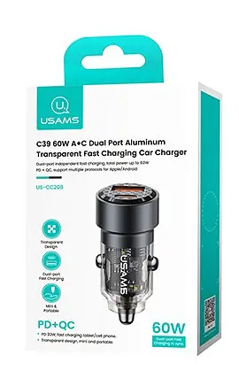 Автомобільний зарядний пристрій Usams US-CC208 C39 60W A+C Dual Port Aluminum Transparent Fast Charging Car Charger Чорний - фото 2