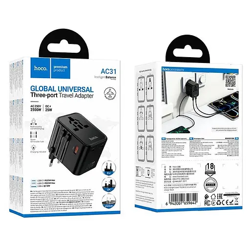 Адаптер сетевой HOCO Changer 3-port PD universal charger AC31 1USB/2TypeC, PD/QC, 25W/3.4A| - фото 2