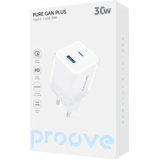 Мережевий зарядний пристрій Proove Pure GaN Plus 30W USB-C/USB-A White (WCPU30111202) [130265] - фото 2