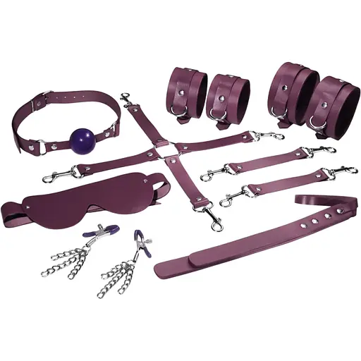 Набор Feral Feelings BDSM Kit 7 Burgundy, наручники, поножи, коннектор, маска, падл, кляп, зажимы