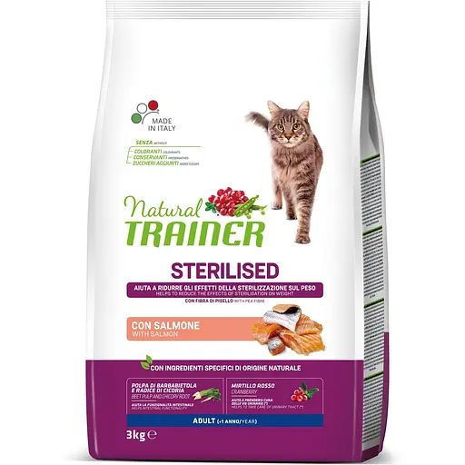 Сухой корм для стерилизованных кошек и кастрированных котов Trainer Natural Super Premium Adult Sterilised with Salmon, с лососем, 3 кг - фото 1
