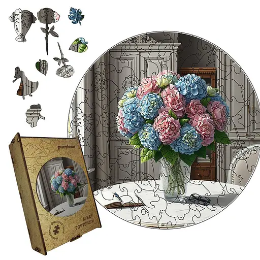 Пазл деревяний Букет Гортензій, А2, 300+ елементів, Картонна коробка