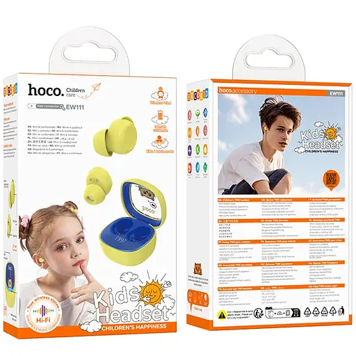 Бездротові TWS навушники Hoco EW111 вакуумні дитячі, BT5.4, 30mAh, 250mAh, 4h, yellow - фото 3