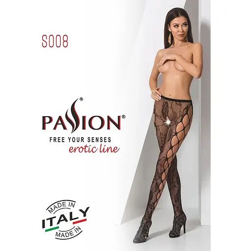 Эротические колготки-бодистокинг Passion S008 Black, ажурные колготки с вырезом и лампасами-сеткой - фото 7