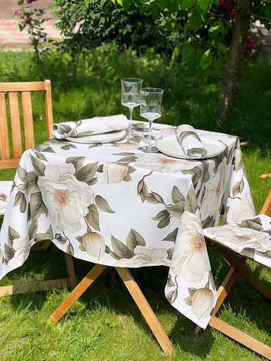 Водоотталкивающая Скатерть с 3D принтом Чайный цветок 220х140 см (+ 4 салфетки 30х40) Бежевый - фото 2